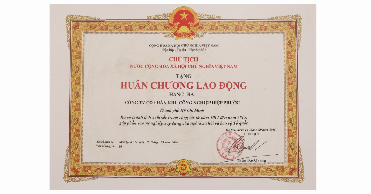 HIEP PHUOC 工业园区股份公司 们荣获三等劳动奖章 | Hiep Phuoc 工业园区股份公司