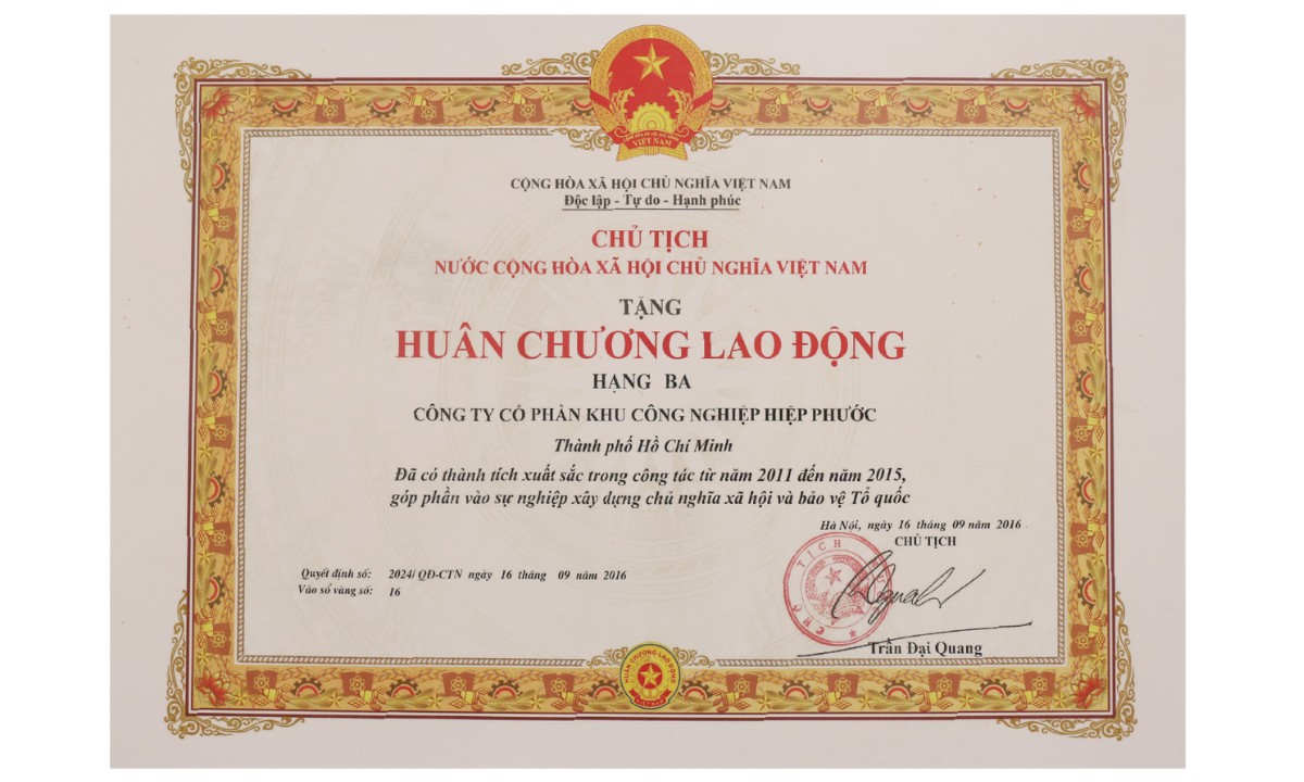 Hiep Phuoc Industrial Park Joint Stock Company Received The 3Rd Class Labor Medal | Hiep Phuoc 工业园区股份公司